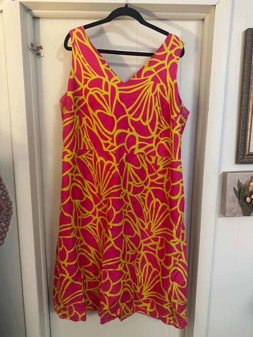 Ashley Stewart Hot Pink & Yellow Sleeveless V‑Neck Floral Midi Dress